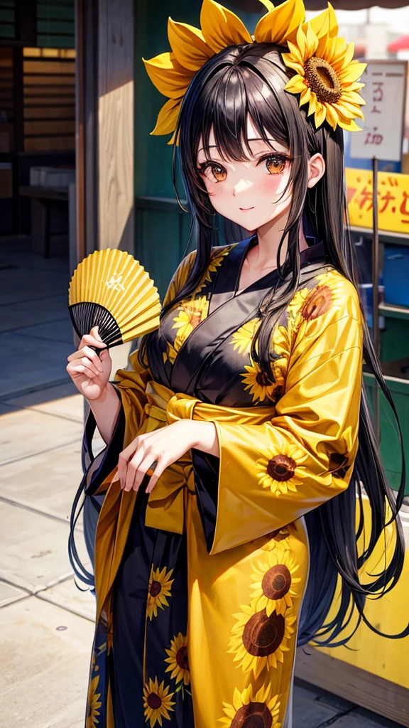 Sunflower yukata Cute Girls stall Fan, long black hair holding a fan in one's hand