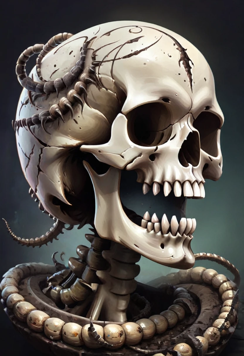 A very terrifying skull with worms and bullet marks