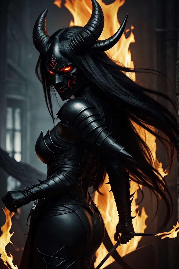 Shout at the Devil has an intimidating, feminine look with a dark elegance. He is a tall humanoid with a slender figure and tight-fitting dark-hued armor., decorated with infernal motifs and glowing red runes. His face is framed by a mask with horns curved back and eyes that burn with intense fire.. Her hair is long and flows as if made of living shadows.. His hands end in elegant but sharp claws., and has a long flexible tail with a sharp tip.