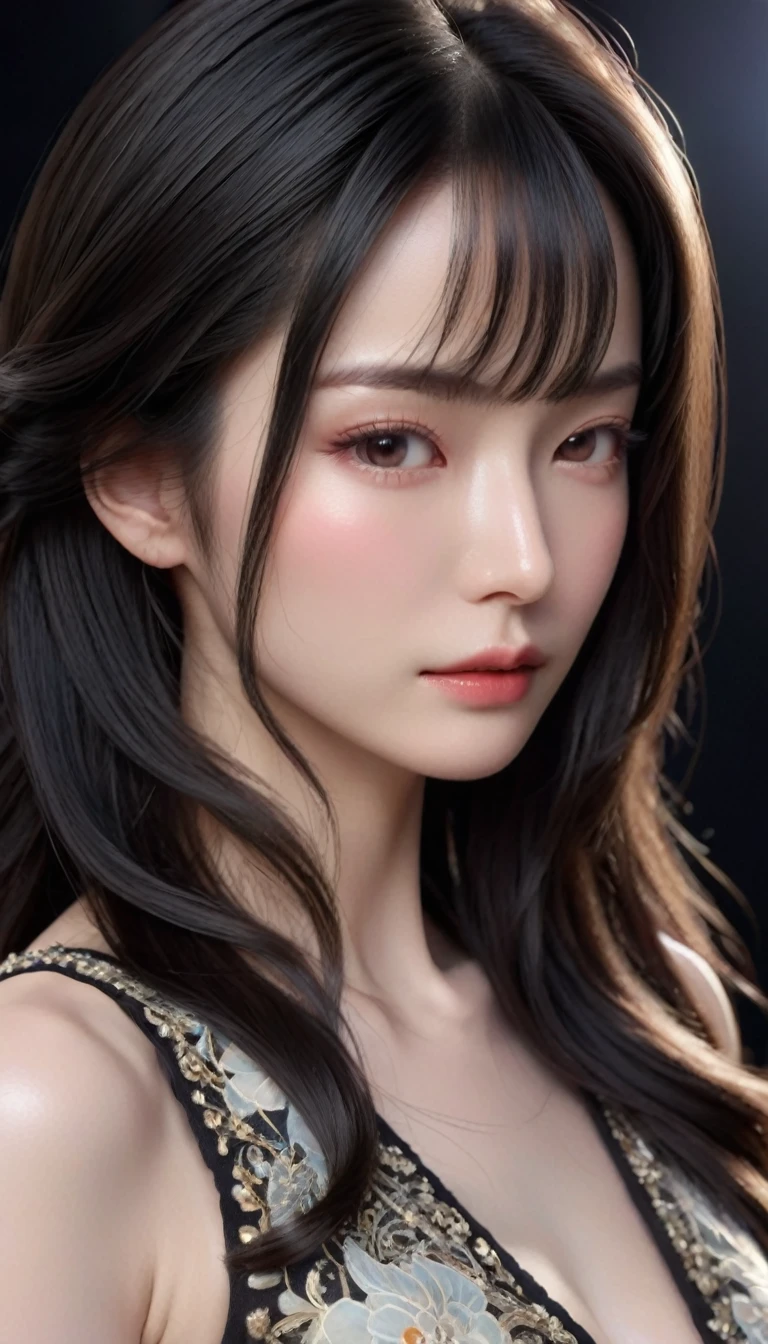 ((最大16K解像度のmasterpiece:1.6)),beautiful,Highest quality,Absolutely wonderful,Very detailed,Ultra-high resolution,masterpiece,Realistic,Realistic,Increased depth of field,Cinematic Light,
One elegant mature woman, Long black hair,beautiful顔,Very detailedな顔の表現,Face with a gentle expression,Transparent white skin,Very delicate skin texture,Great proportions,Anatomically correct body,
Elegant high slit dress,Gorgeous colors,Gorgeous and detailed pattern,Beautifully detailed pattern,Detailed cloth texture,
Black Background,
(Focus on the face:1.5),Face close up,