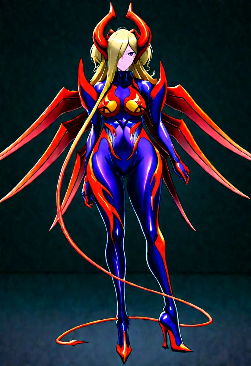 Full-body concept art, 1 woman,A figure fused with a dragon, witch blade motivism, evil fall, symbiote skin, Blood vessels floating all over the body, full body suit, enemy woman, bio full skin suit, high image quality, real, high detail, 16K, purple gloves, renamon bodysuit, fortified suit, glossy, digimon, goddess, mature female, mistress, fox mask, masterpiece, more_details:-1, more_details:0, more_details:0.5, more_details:1, more_details:1.5