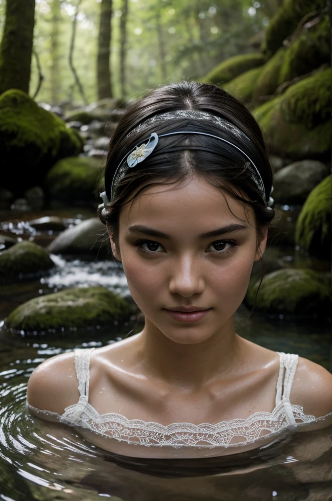 Best Quality, Masterpiece, super high resolution, A super model submerged in hot springs in Japan., outdoor hot springs, stone hot springs, surrounded by moss and trees, super beautiful face, pure body, clear pores visible, (SMILE:0.8), using division (lace headband:1.2), (realism:1.5), Photo original, soaked body, covered in sweat, bare shoulders, in the dark, deep shadows, low-key, cold light