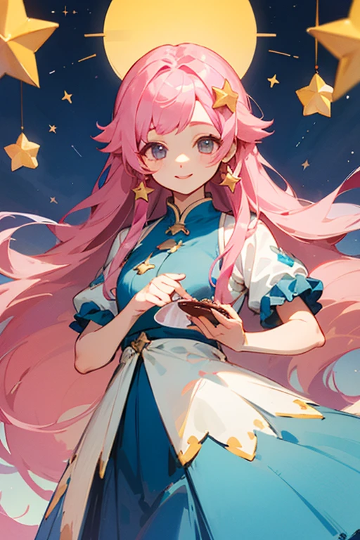 ((Highest quality)), ((masterpiece)), (detailed), girl、Pink Hair、Long Hair、down hair、Star hair ornament、Cute smile、Calm and cute clothes、Pudding