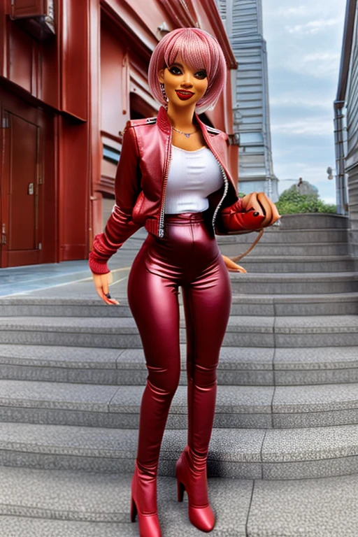 (masutepiece, Best Quality), ultra-detailliert, Photorealsitic, a short pink hair, beautiful female model, ((Coordinating sexy leather jackets)), leather pant, open-shirt, high-heels, a necklace, Ring Accessories, short Hair, Perfect face, Beautiful face, enticing, big gorgeous eyes, blue eyess, heavy make up, red-lips, seducting smile, Glamorous body, Voluptuous body, Big ass, down town, suggestive pose