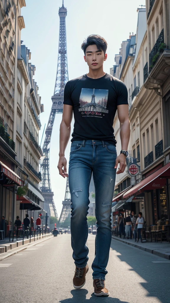 4D realistic image of dynamic pose of handsome Korean Asian man with vintage Eiffel Tower background, wearing casual t-shirt and jeans, Paris street with buildings and shops, detail, soft lighting, romantic atmosphere, high resolution.