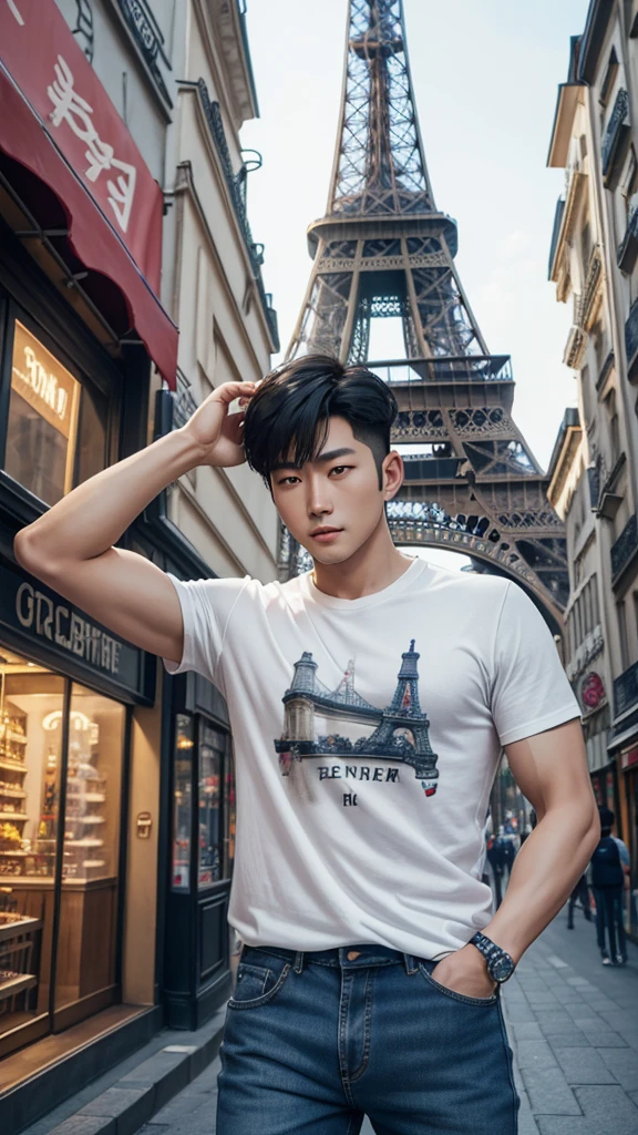 4D realistic image of dynamic pose of handsome Korean Asian man with vintage Eiffel Tower background, wearing casual t-shirt and jeans, Paris street with buildings and shops, detail, soft lighting, romantic atmosphere, high resolution.