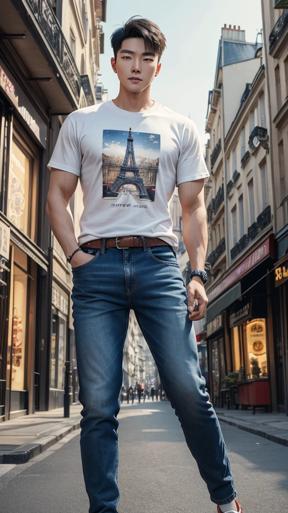 4D realistic image of dynamic pose of handsome Korean Asian man with vintage Eiffel Tower background, wearing casual t-shirt and jeans, Paris street with buildings and shops, detail, soft lighting, romantic atmosphere, high resolution.