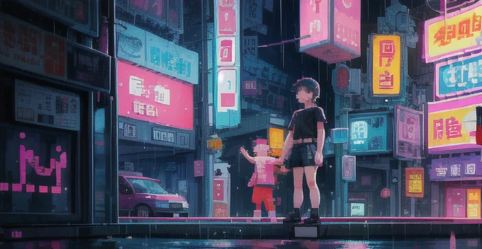 (Pixel Art_1.1)1 boy ,a night,street,Kitty,Small pond,rain,neon light,Hong Kong,cyberpunk,Eat popsicles,Enter the pocket,belt,short sleeve,white