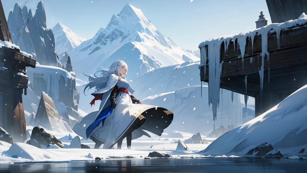 A woman in a cloak of ice and snow, snow-white hair and a cold look. The background is a winter scene with falling snow and ice-covered mountains.