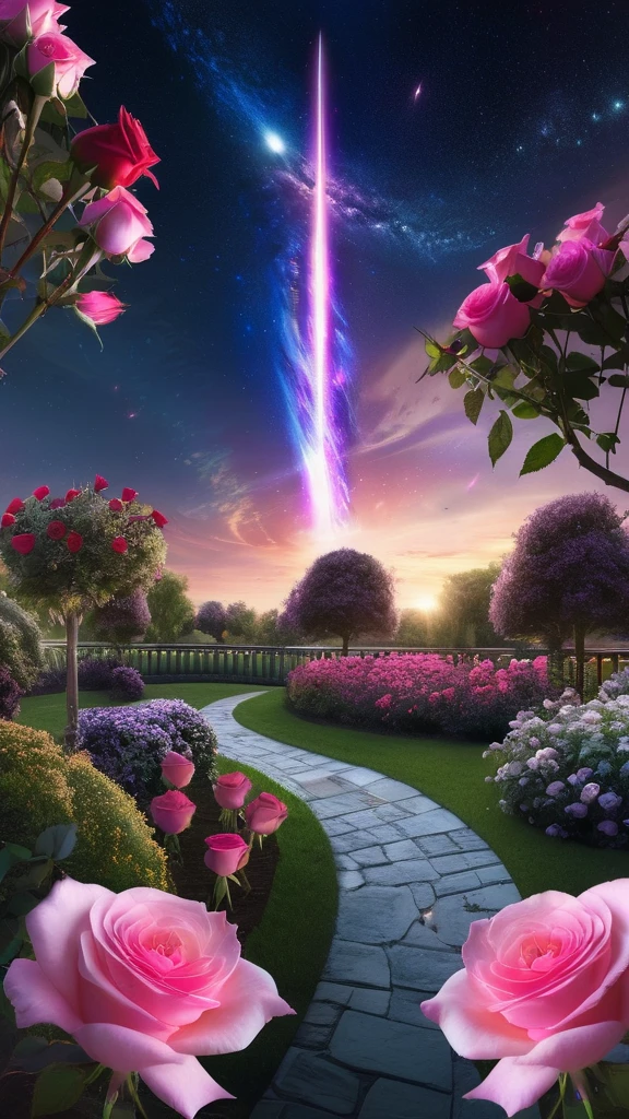 masterpiece, Concept Art, Panorama, in the center, shape, Wide Shot, garden, night, (meteor), Space galaxy background, (Great composition, Epic scale), Dynamic Lighting, Bright colors, Pink Roses,landscape