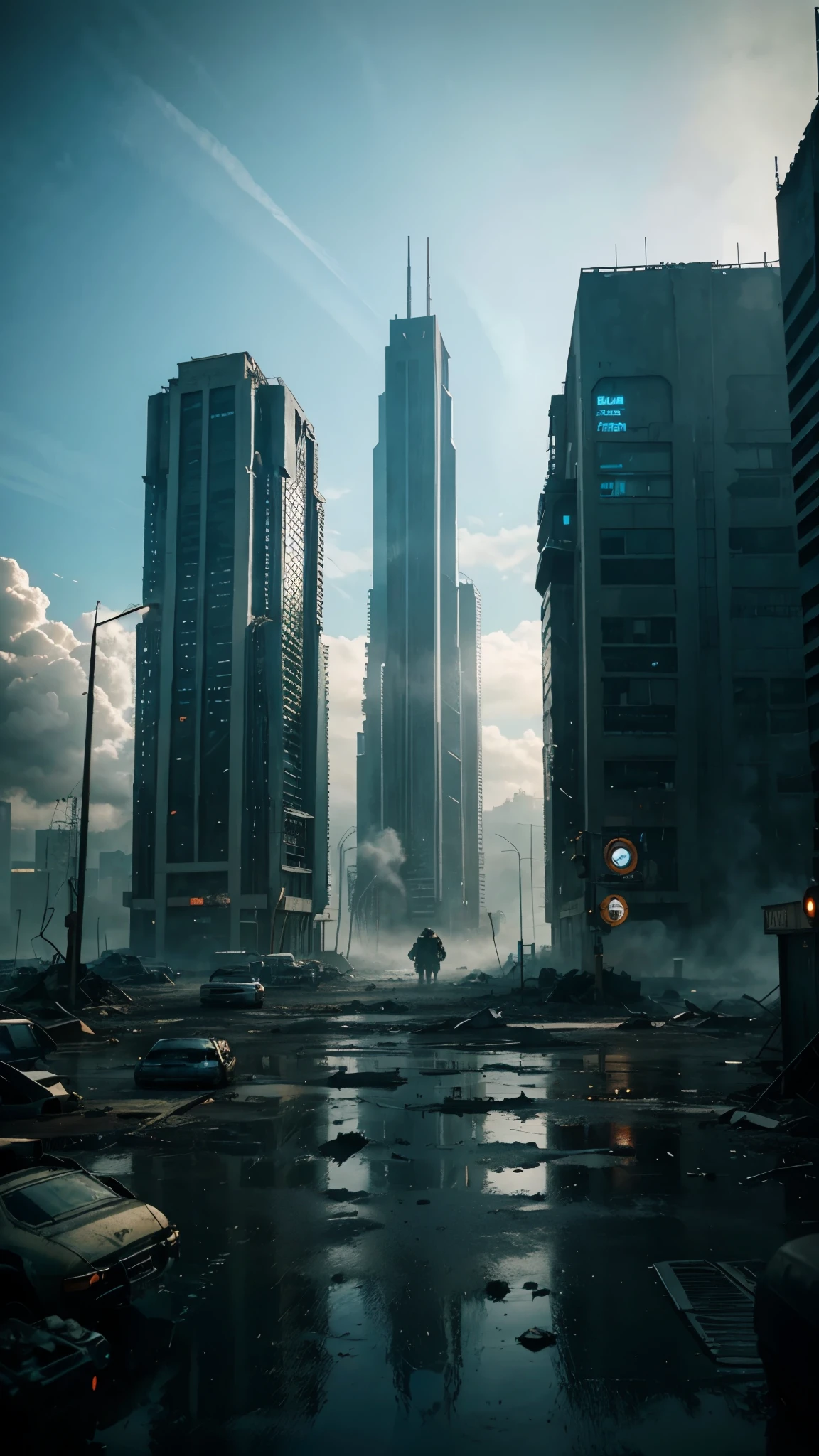 post-apocalyptic world, no humans, buildings destroyed, 4k realistic imagery, blue scenery like a movie scene, old american setting, inspired by blade runner movie scene, blue tone,