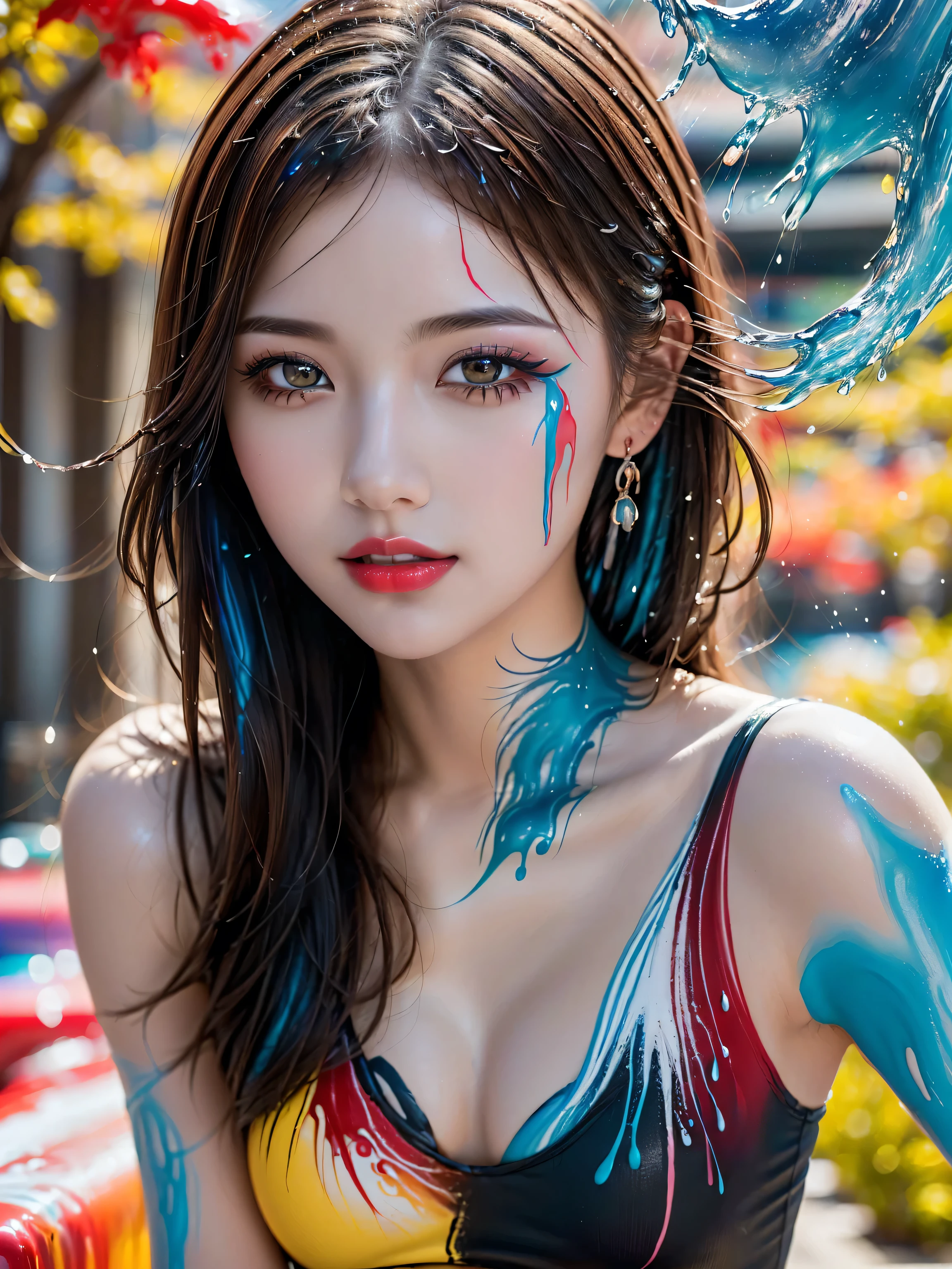 (absurd quality,32k,high-res,masterpiece),(realism,photorealistic), (body painting art, shines multiple colors, ((screen with splashing fluid flowing down, fluid paints:1.22)), extremely detailed:1.2), (in a bright and colorful world:1.35),