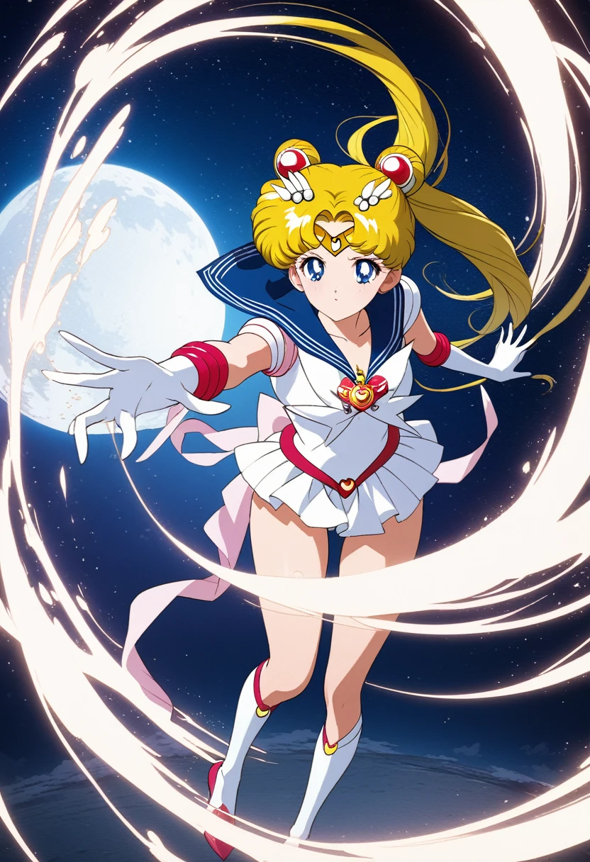 ((masterpiece)), (best quality), official art, very delicate and beautiful, highly detailed CG, Unity 8k wallpaper, ultra detailed, beautiful fine details, highly detailed face, one girl, Sailor Moon, full body, night sky, detailed face, shiny skin, night sky, moonlight, moon, white gloves, magical girl, fly ring