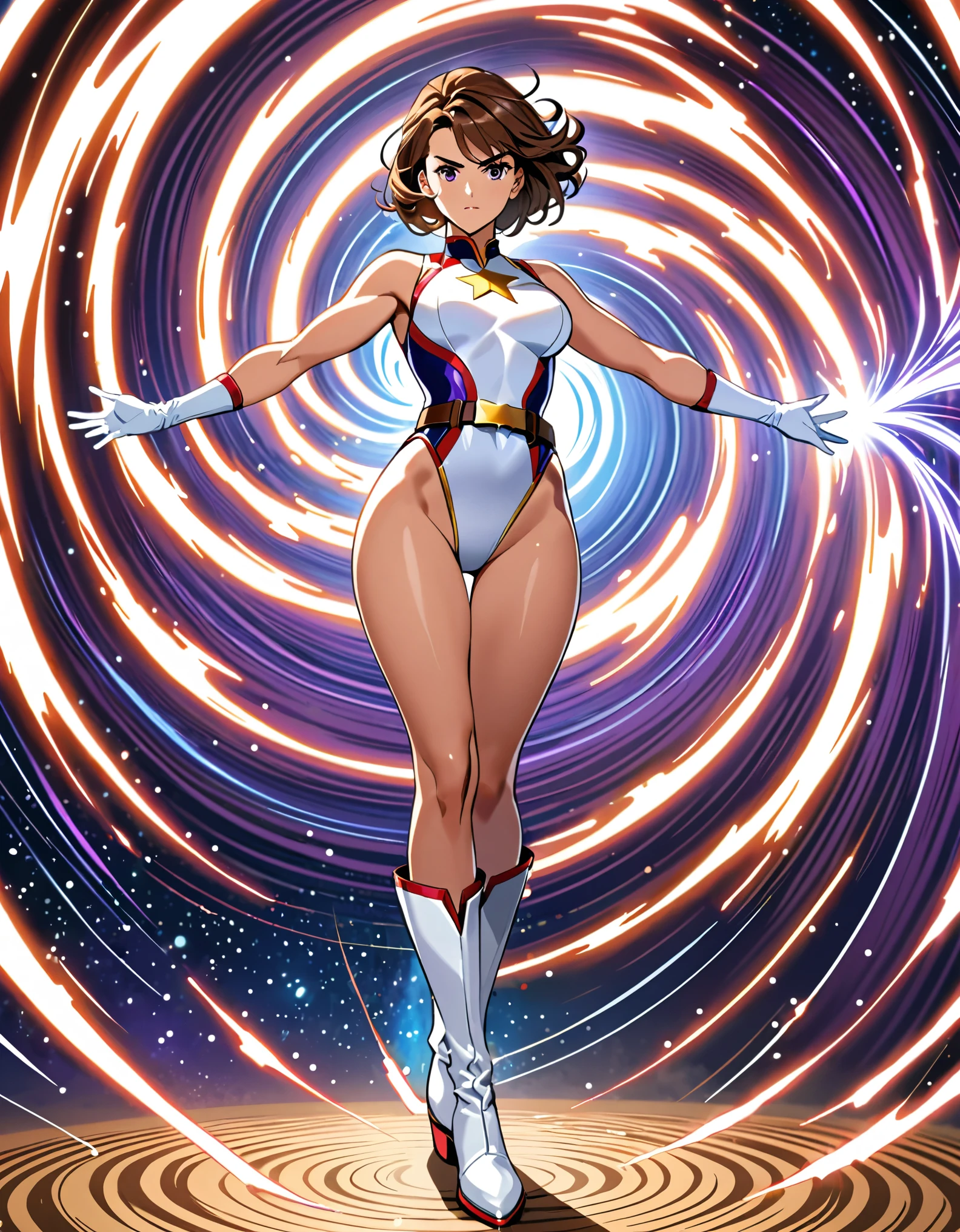 (masterpiece), (best quality), (high res), medium breasts, ((leotard, white and red leotard, matching leotard, sleeveless, bare legs)), ((gold star symbol on chest)), ((tight belt, gold belt)), ((boots, matching boots, ankle-high boots, white boots)), ((gloves, white gloves)), solo, solo focus, standing, (full body), cowboy shot, superhero, ((beautiful detailed eyes)), standing straight, full body shot, cowboy shot, superhero, mature lady, brown hair, short hair, bob hair, purple eyes, (perfect anatomy). (spread arms, spinning), (she spins) fast in place like a (tornado), spinning in place, tornado spinning, rapid gyration, ((dynamic spin pose)), space backdrop, motion blur, speed lines around her, spiral lines around her, tornado, time warp, (spinning energy pulse), light particles, serious.