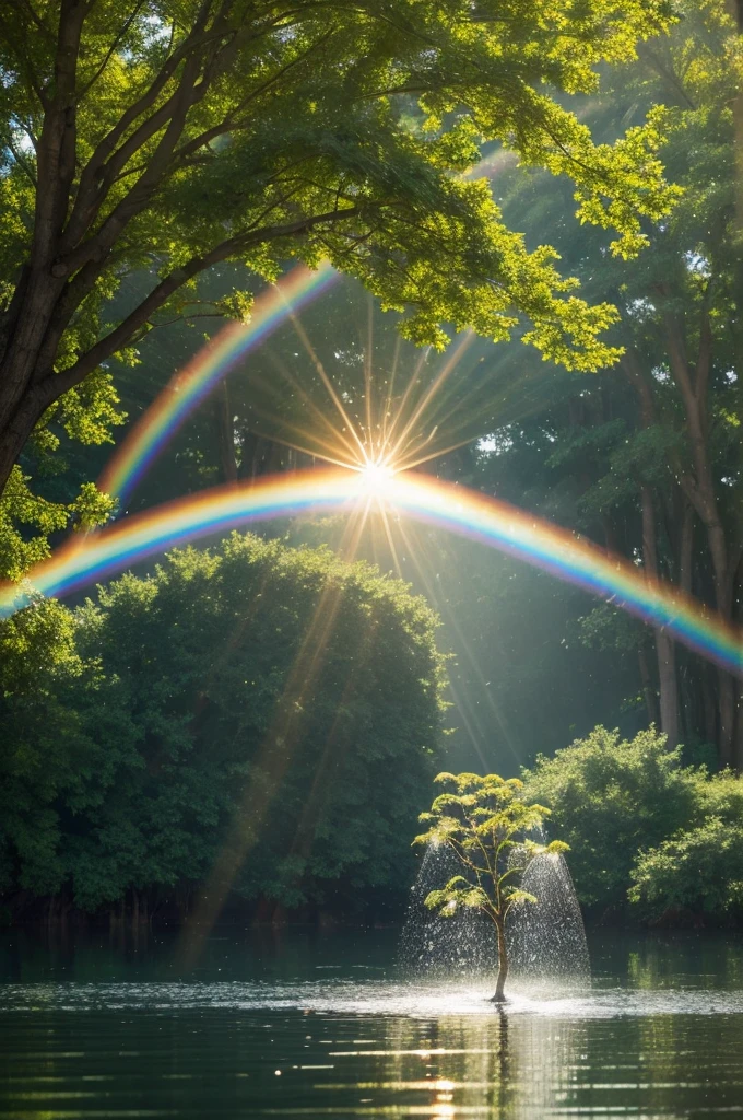 create sun rays that pass through water droplets, forming small rainbows over the surface of the lake. Tree leaves create dancing shadows that blend with reflections.