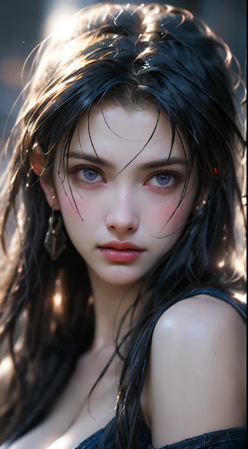 dressed, (photo realistic:1.4), (hyper realistic:1.4), (realistic:1.3), (smoother lighting:1.05), (increase cinematic lighting quality:0.9),. 32K, 1girl,20yo girl, realistic lighting, backlight, light on face, ray trace, (brightening light:1. 2), (increase image quality:1.4), (highest quality realistic textured skin:1.4), finely drawn eyes, finely drawn face, finely textured eyes, (tired, sleepy and satisfied:0.0), close-up of face, shirt with large cleavage visible, (enhance atmosphere of body lines:1.1), (beautiful textured skin:1.1)