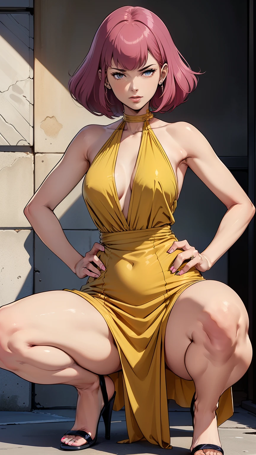 (masterpiece, best quality:1.2),((photoreal:1.1)),perfect anatomy,((solo:1.5)), ((alone:1.4)),Haman Karn,detailed hair,sidelocks,((dark pink hair:1.3)), (1 middle age woman:1.5)),((1 MILF:1.4)),perfect eyes, ((looking at viewer:1.4)),((horizontal angle)),((view from the front:1.4)),((straight-on:1.4)),shooting from front,lighting from front,((small breasts:1.3)),((Piutuary small breasts:1.2)),(muscular),((do not hide your crotch:1.4)),((cod lips)),((squatting:1.3)),((spreading your legs wide:1.3)),(holding your head high),((hands on hip bone:1.4)),delicate and beautiful,((bare legs:1.4)),((bare arm)),((bare shoulders)),BREAK ((Modena yellow long dress:1.2)),high heel,halterneck dress,sleeveless dress