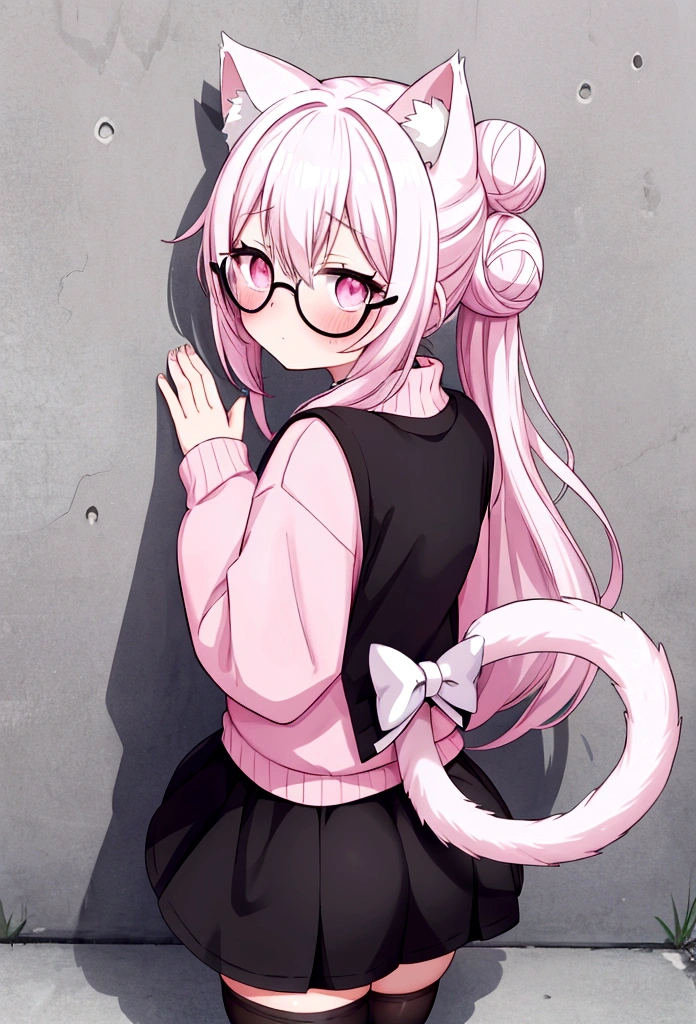 I have white pink hair, cat ears, a bun, my face is super blushing, black glasses, pink heart eyes, a big pink sweatshirt, a black skirt, black stockings, white shoes, a cat&#39;s tail, a girl. very shy that she is glued to a wall with her butt