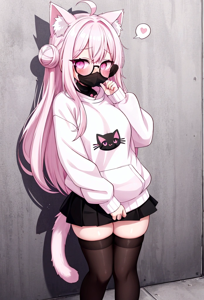 I have white pink hair, cat ears, a bun, my face is super blushing, black glasses, pink heart eyes, a big pink sweatshirt, a black skirt, black stockings, white shoes, a cat's tail, a girl. very shy that she is glued to a wall with her butt