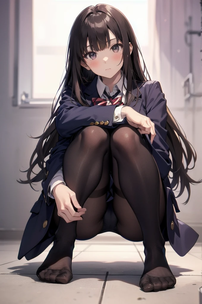 Top quality, masterpiece, High resolution, (Head to toe full body), front, frontやや下からの構図, Symmetric, Tall 18 year old girl, alone, (Head to toe), (Small breasts), Unkempt brown hair, bangs, (black tights), (Black Pantyhose), (Sit with your legs apart), (Crouching pose), (A composition showing white panties), (Her legs were spread、I see your white pants.), (I was made to sit on the floor with my legs spread..), (M-shaped legs), Thin legs, A very beautiful and tall 18 year old girl, (No shoes), blush, Shy big eyes, looking at the camera, Blazer Uniform, Checkered Pleated Skirt、Megumi Kato