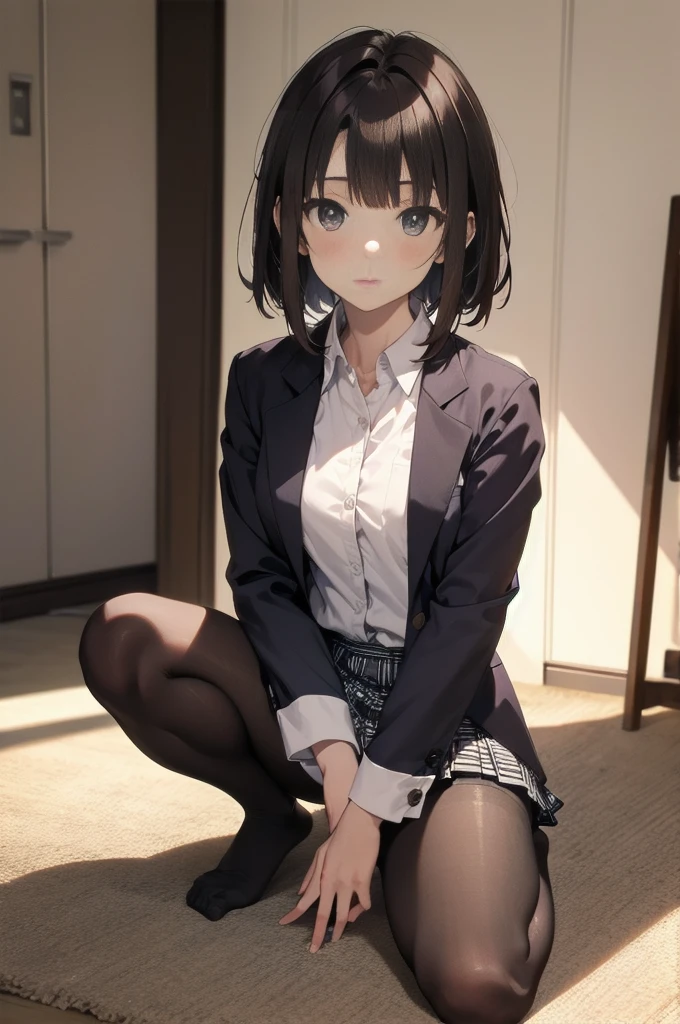 Top quality, masterpiece, High resolution, (Head to toe full body), front, frontやや下からの構図, Symmetric, Tall 18 year old girl, alone, (Head to toe), (Small breasts), Unkempt brown hair, bangs, (black tights), (Black Pantyhose), (Sit with your legs apart), (Crouching pose), (A composition showing white panties), (Her legs were spread、I see your white pants.), (I was made to sit on the floor with my legs spread..), (M-shaped legs), Thin legs, A very beautiful and tall 18 year old girl, (No shoes), blush, Shy big eyes, looking at the camera, Blazer Uniform, Checkered Pleated Skirt、Megumi Kato