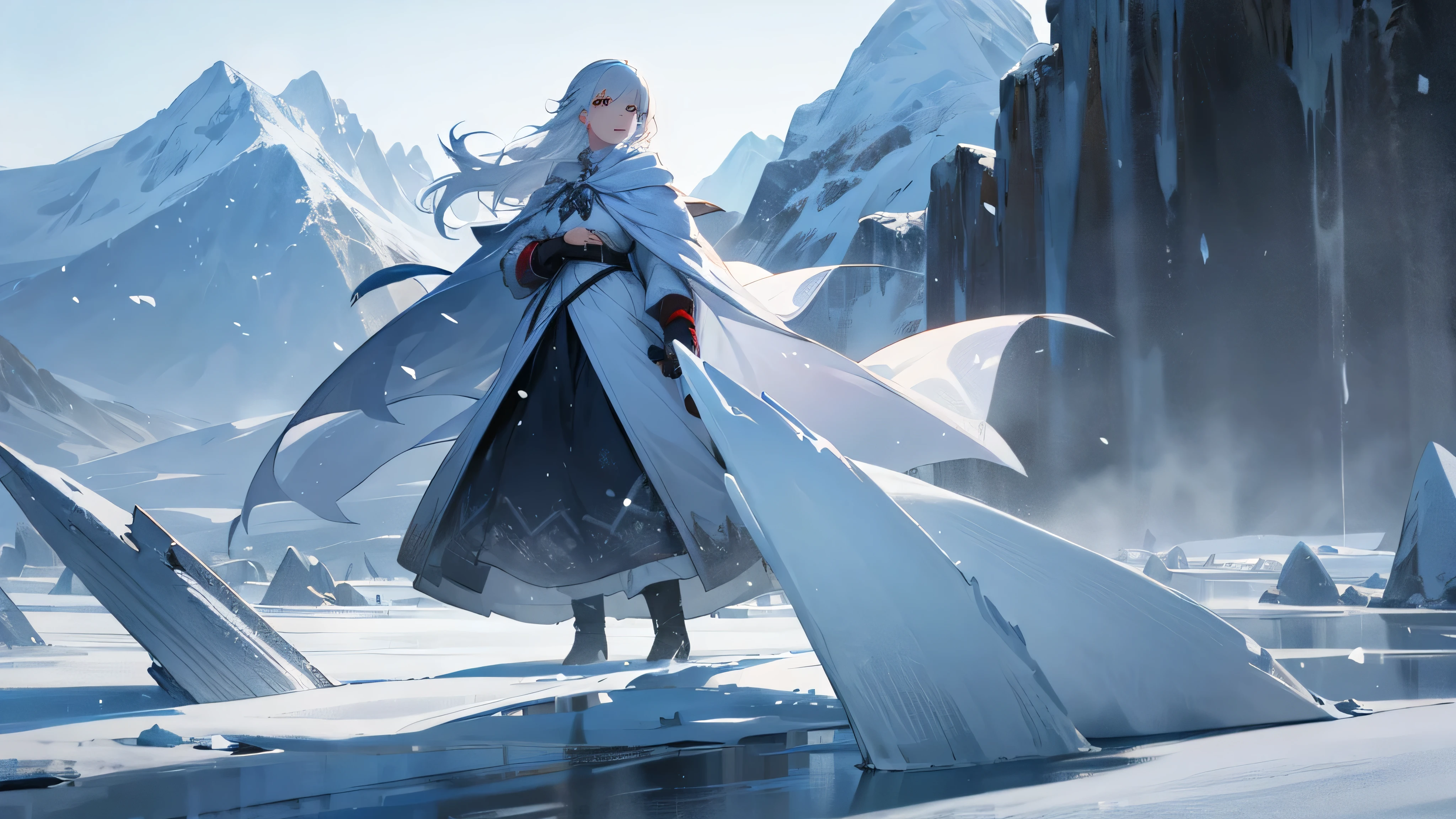 A woman in a cloak of ice and snow, snow-white hair and a cold look. The background is a winter scene with falling snow and ice-covered mountains.