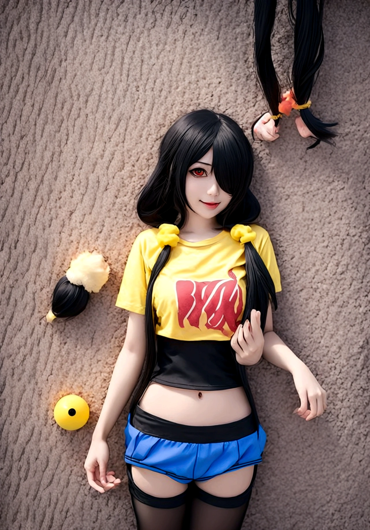 ultra-detailed,highly detailed,best quality,masterpiece,illustration,realistic, photo,photorealistic,
1girl, ((tokisaki kurumi)), cosplay, hair over one eye, (right red eye, left yellow eye), looking at viewer, happy girl, low twintails, ((t-shirts)), (((black hotpants))), hair rings, loafers,
(Outdoors), walking, beach
