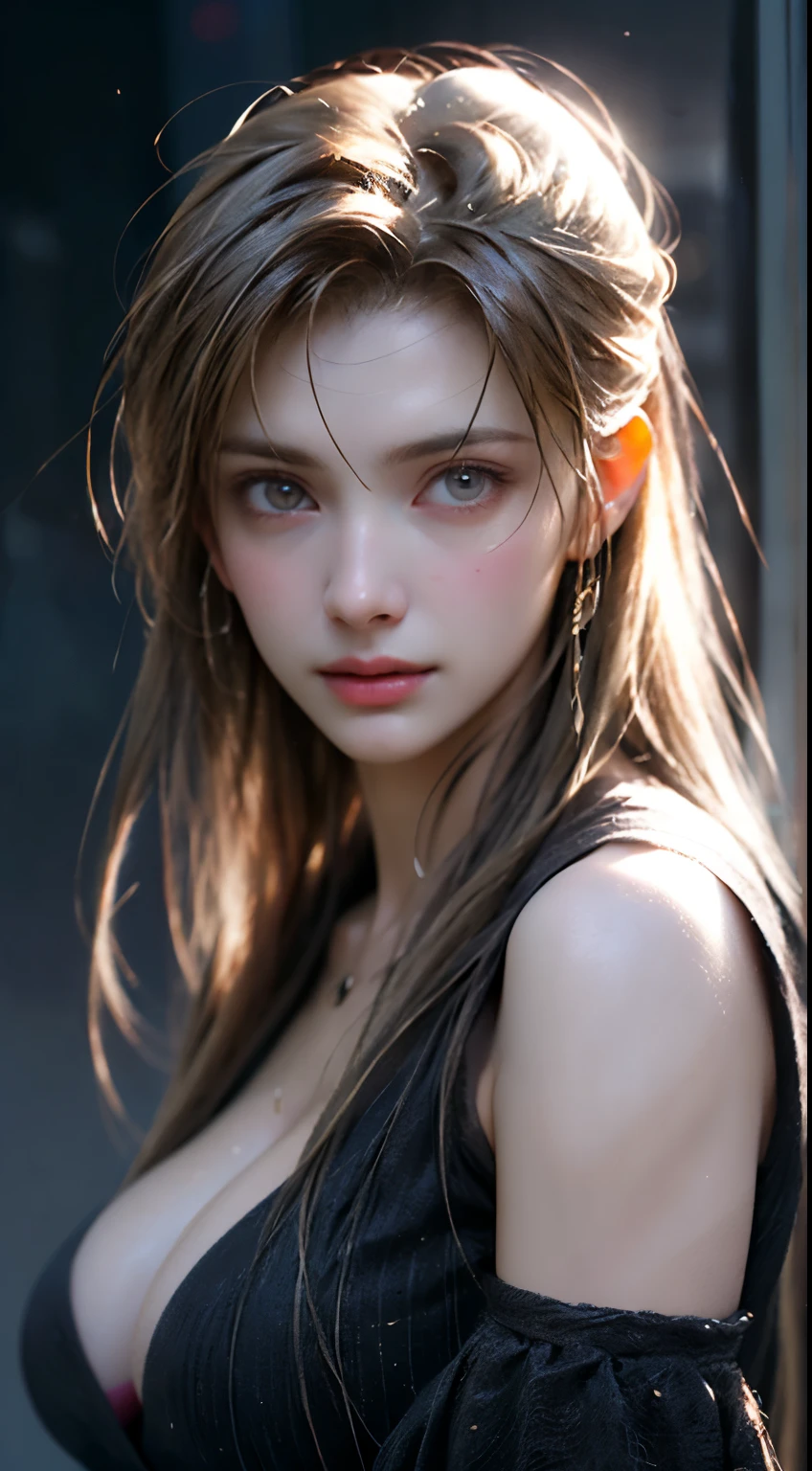 dressed, (photo realistic:1.4), (hyper realistic:1.4), (realistic:1.3), (smoother lighting:1.05), (increase cinematic lighting quality:0.9),. 32K, 1girl,20yo girl, realistic lighting, backlight, light on face, ray trace, (brightening light:1. 2), (increase image quality:1.4), (highest quality realistic textured skin:1.4), finely drawn eyes, finely drawn face, finely textured eyes, (tired, sleepy and satisfied:0.0), close-up of face, shirt with large cleavage visible, (enhance atmosphere of body lines:1.1), (beautiful textured skin:1.1)
