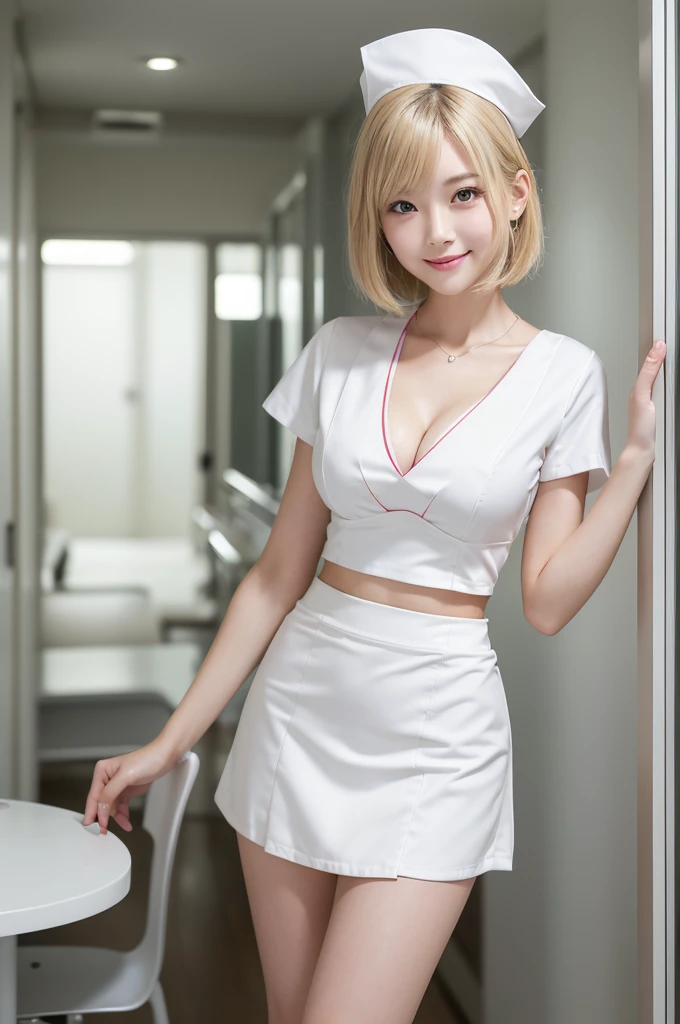 (8K, RAW Photos, Highest quality, masterpiece:1.2), Super detailed, Ultra-high resolution, (Realistic, Photorealistic:1.37), High-definition RAW color photos, Professional photos, Very delicate and beautiful, Very detailed, 8K壁紙, (Beautiful and detailed eyes)、(Beautifully detailed face),Anatomically correct body shape, Professionally lit, whole body, woman、Japanese、20-year-old, Blonde、Short Bob、 (A shy smile:1.3), Fine and beautiful skin、Skin Texture、 (Slim waist:1.2)、(E cup bust:1.21), (mini skirt,white nurse costume:1.35), (Showcasing cleavage:1.1),(standing,:1.15)、Sharp focus、The background is a realistic hospital interior