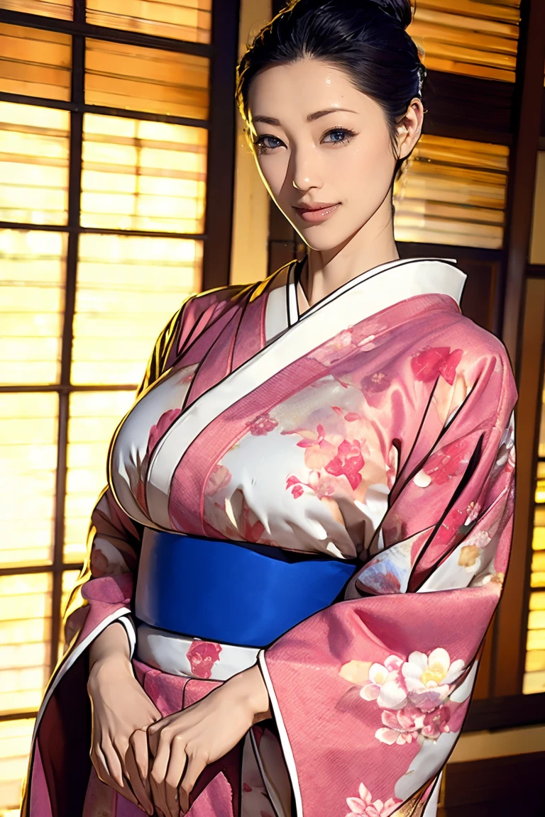 (Highest quality、Tabletop、Best image quality、Award-winning works)、 Beautiful hostess、(A beautiful kimono with an elegant floral pattern:1.3)、Perfect female portrait photography、Glowing Skin、Standing Elegantly、(Blurred luxury hotel background:1.1)、(Calm, Warm and atmospheric lighting:1.1)、(Tyndall effect:1.1)、Great cinema lighting、Glowing Skin、smile、Large Breasts、Accentuate your body lines、Upper body photo、Hair Bun