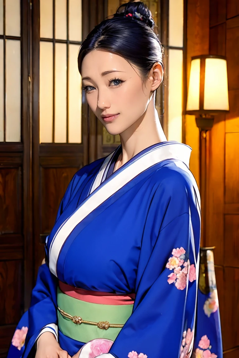 (Highest quality、Tabletop、Best image quality、Award-winning works)、 Beautiful hostess、(A beautiful kimono with an elegant floral pattern:1.3)、Perfect female portrait photography、Glowing Skin、Standing Elegantly、(Blurred luxury hotel background:1.1)、(Calm, Warm and atmospheric lighting:1.1)、(Tyndall effect:1.1)、Great cinema lighting、Glowing Skin、smile、Large Breasts、Accentuate your body lines、Upper body photo、Hair Bun