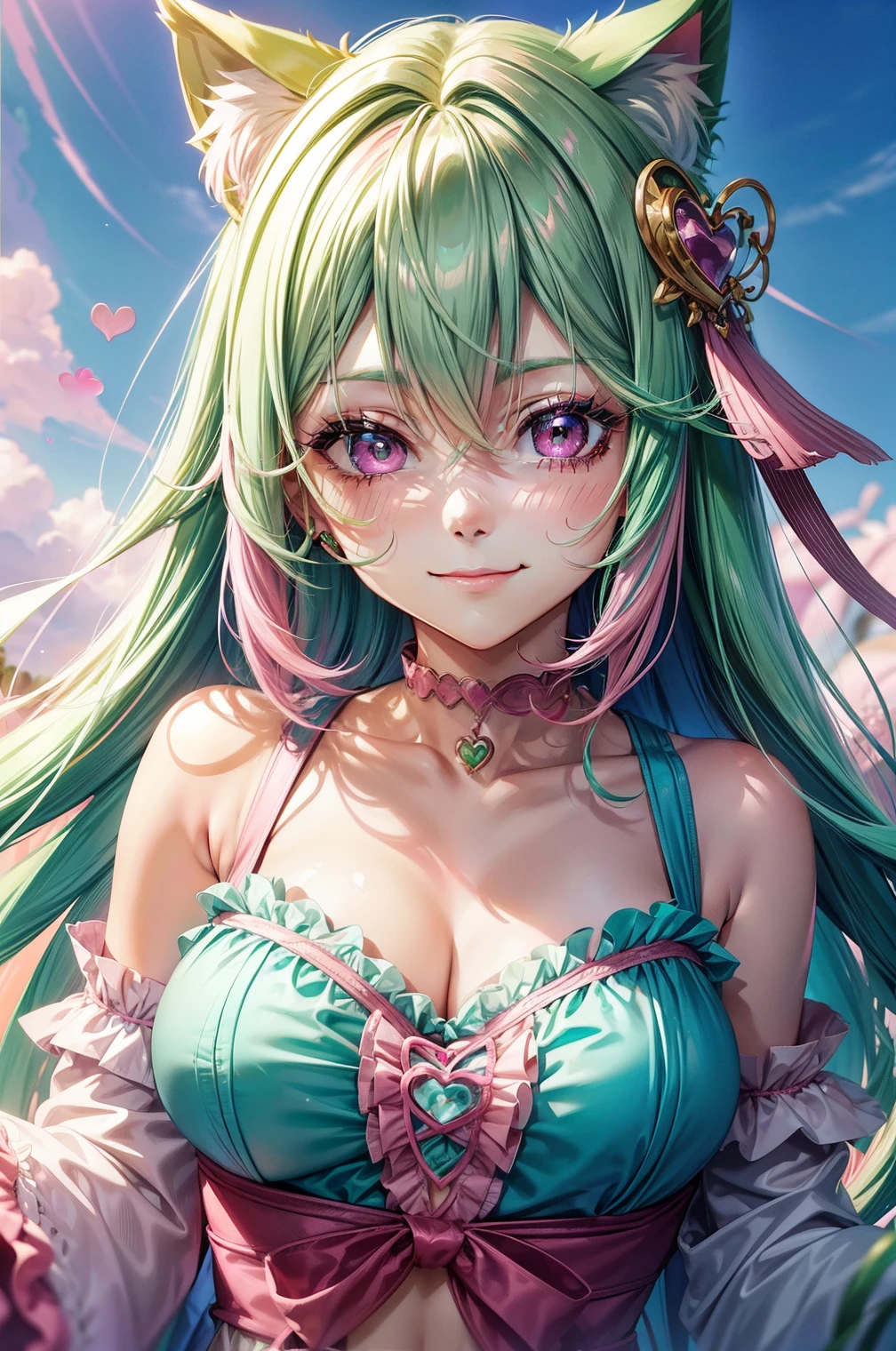 ((Pink green hair color)), pink eyes, woman, teal blue gold clothes,happy face, sexy outfit, cat ears, hearts, floating hearts, face only, long hair, smiling, hair ornament, up close face, sexy clothes, sexy women , closed mouth smile, up close face