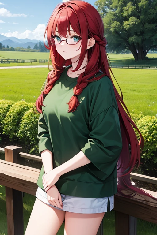 20 years old woman with red long hair usually braided or in a bun, use glasses, she's 1,65 cm tall, have dark green eyes, cottagecore clothes and living in a farm.