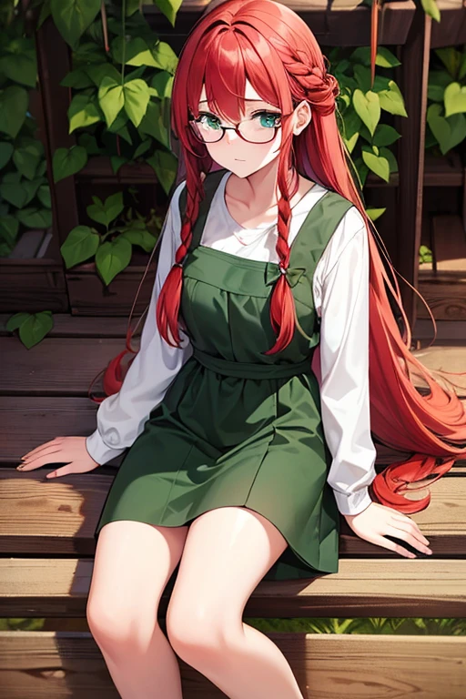 20 years old woman with red long hair usually braided or in a bun, use glasses, she's 1,65 cm tall, have dark green eyes, cottagecore clothes and living in a farm.