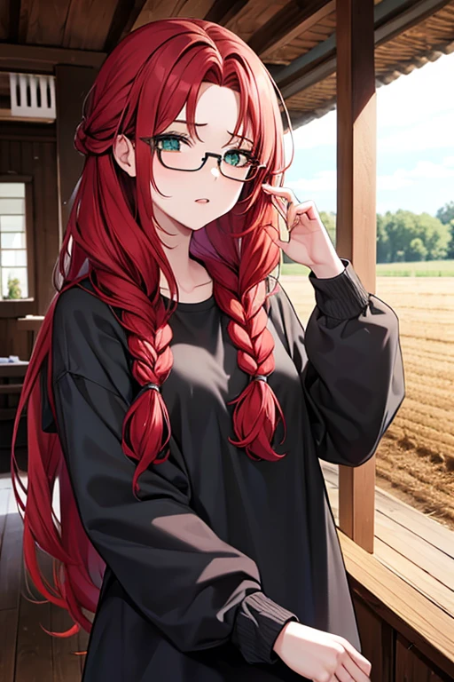 20 years old woman with red long hair usually braided or in a bun, use glasses, she's 1,65 cm tall, have dark green eyes, cottagecore clothes and living in a farm.