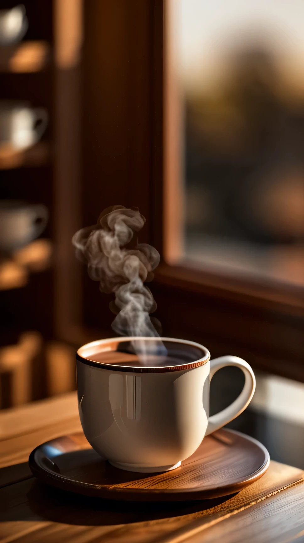 a mug of hot chocolate, blurred background of a cozy bakery, ultra detailed, ultra realistic, warm lighting, steam, ceramic mug, delicious chocolate, creamy texture, indoor environment, wooden table, soft focus, atmospheric, high quality, photorealistic, 8k, detailed description, masterpiece