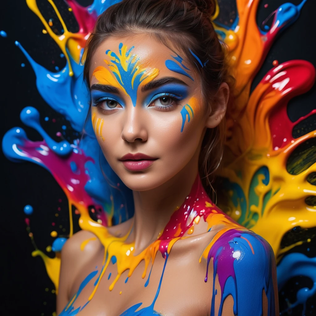 (absurd quality,32k,high-res,masterpiece),(realism,photorealistic), (body painting art, multiple colors, (splash fluid screen, fluid paints:1.3), intricate details:1.25), (in a bright and colorful world:1.25),