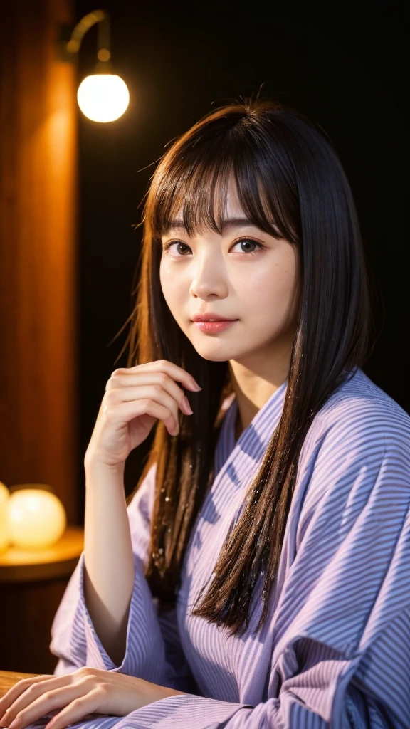 (night:1.7), East Asian architecture, 1 Female,sit on tatami, Brunette color hair,(Hair between the eyes), Lip flap, ,beautiful fingers,beautiful long legs,beautifulボディ,Cute Nose,beautiful character design,Perfect Eyes,完璧なface,View your viewers,(笑face:0.3),Official Art,Very detailed CG Unity 8K wallpaper,Perfect lighting, 超High resolution, Hmph, High resolution, The background is blurred, Bokeh:1.2, (beautiful_face:1.5),(8K,RAW Photos, 、Relax in a Japanese Inn、背景は温泉宿のnightの露天風呂 (Girls are not test subjects:1.3) (Hair after bath:1.3),(Wet hair:1.3) ((Girls are not test subjects:1.2))((広いnight背景を描く:1.2),,(Yukata doesn't need to be shiny at all.:1.5)),((You don't need a Korean yukata or a Korean hairstyle..:1.5)),((A faithful and realistic reproduction of a genuine Japanese-made yukata:1.5))((Light Pink Band:1.3)),((The background is the living room、nightに, 宿の広くてbeautiful庭園を見渡す..:1.3)),((8th Grade))、((Light Pink Band:1.5)) ((beautiful shiny straight short long:1.5)) 16 years old、((beautiful shiny straight short long:1.5))((Pink Band))、((The color of the yukata is pink:1.3),(Faithfully and realistically reproduce the obi of a yukata:1.3) ((A faithful and realistic reproduction of a genuine Japanese-made yukata:1.5)),Depth、Night Hostel (外からはbeautiful夕日が見えます.:1.3) 16 years old、