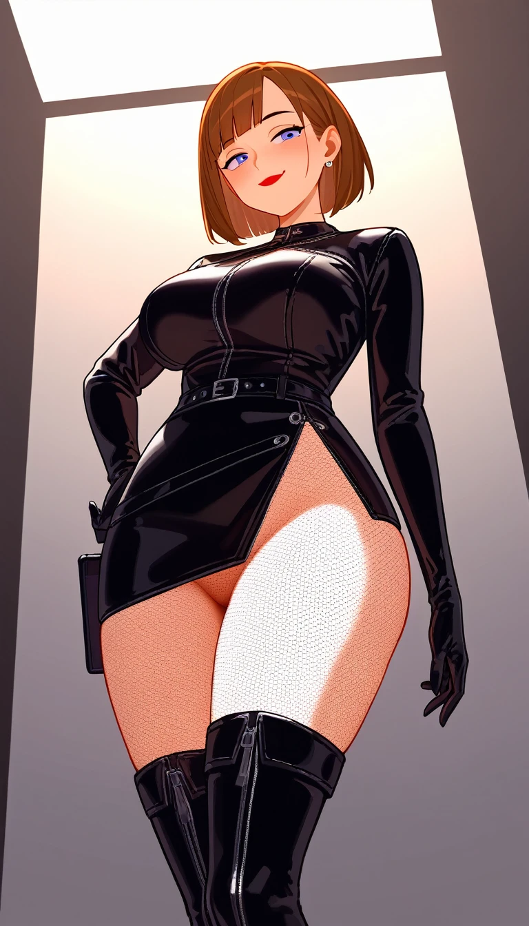 NSFW maddie fenton, pixiv artwork, masterpiece, beautiful lighting dominating, provocative sexy leather outfit, leather gloves, leather thigh high boots, fishnet stockings, curvy physique, mature milf body, sexy body, intimate encounter alone at night where she confesses her twisted dark sexual feelings for you, beautiful detailed face, standing tall and proud towering above you, view angle from below, no panties
