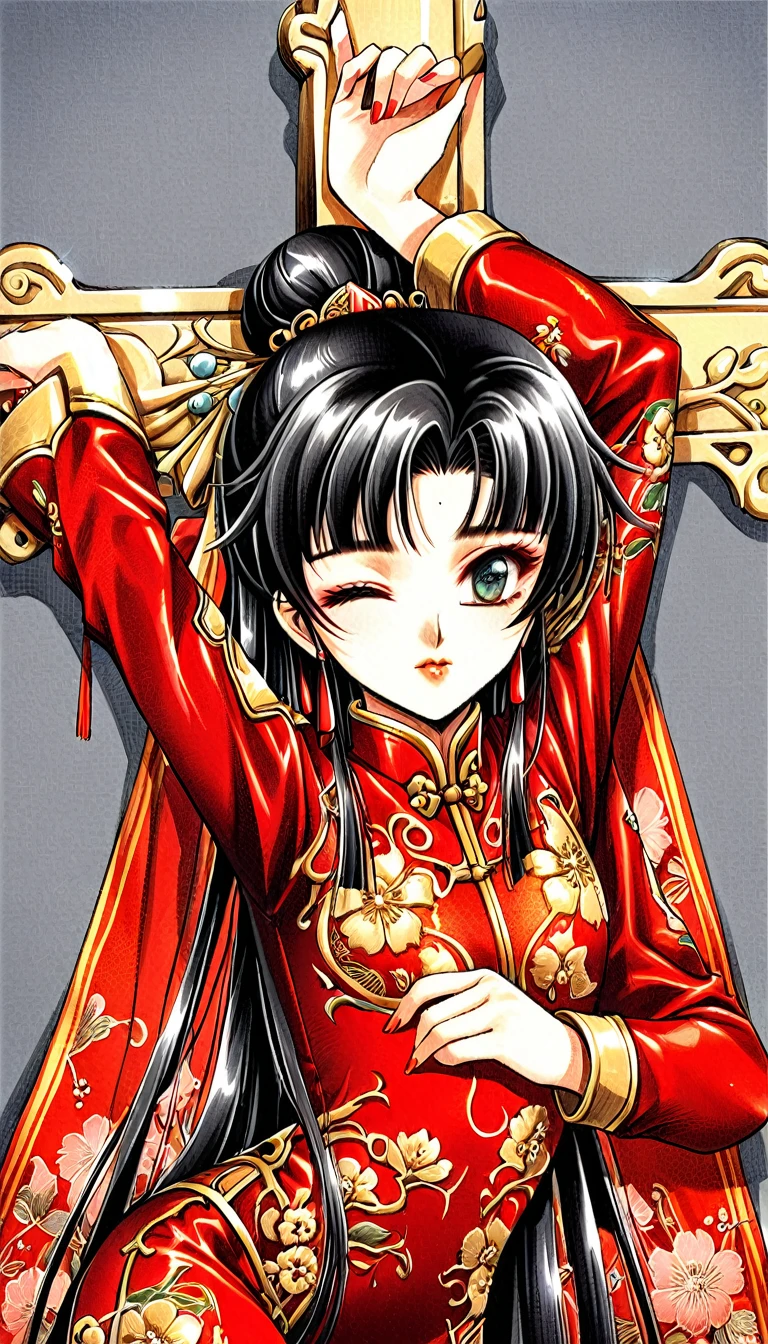 Beautiful 15 year old Chinese Kung Fu girl princess with short black hair　Gorgeous embroidery, Ultra glossy, She is wearing shiny red long sleeve floral pajamas....　She is crucified with her eyes closed