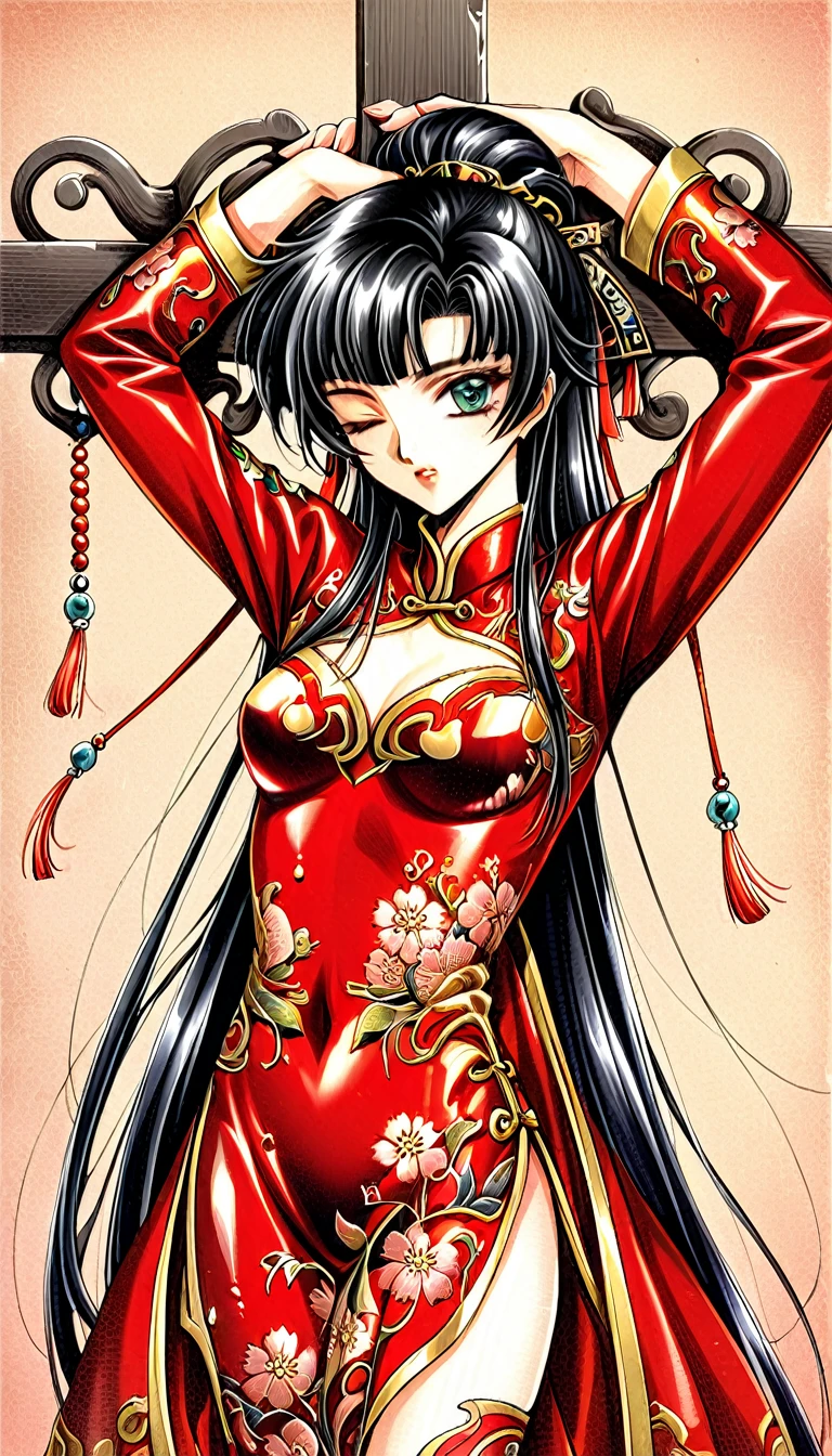 Beautiful 15 year old Chinese Kung Fu girl princess with short black hair Gorgeous embroidery, Ultra glossy, She is wearing shiny red long sleeve floral pajamas.... She is crucified with her eyes closed