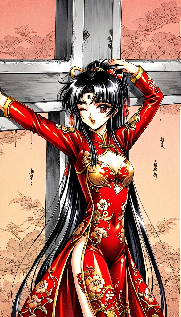 Beautiful 15 year old Chinese Kung Fu girl princess with short black hair　Gorgeous embroidery, Ultra glossy, She is wearing shiny red long sleeve floral pajamas....　She is crucified with her eyes closed