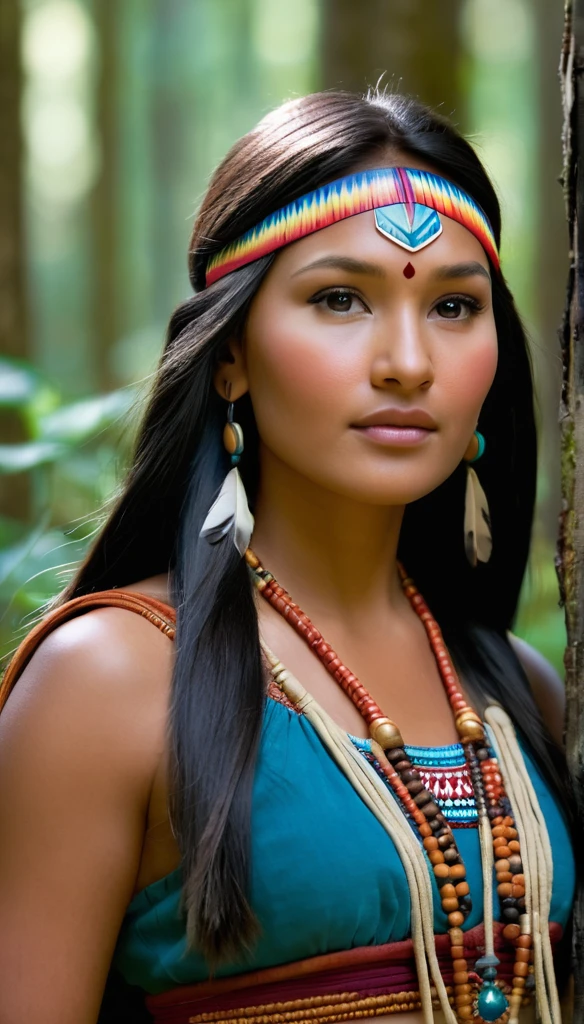 (Best quality,High resolution, tmasterpiece :1.5),Ultra-detailed,(Realstic,photoreallistic,photo-realistic:1.5).Portrait femme 20ans, type America, indien d'America, portrait, brune, cheveux lisses et brillants, tenue indienne d'America exemple tenue comanche, lumière provenant du haut, Ajoutez un réalisme époustouflant à la lumière, exemple de style Pocahontas film Disney, gros plan, corps entier, portrait. Elle est heureuse, regarde la camera, light from behind.gros plan. Magnifique portrait. La pose in a forest d'America,or in the desert of the Grand Canyon,Disney,Realstic au maximum, Corps parfait et bien proportionné, film "Pocahontas", Tete de Pocahontas,. cheveux longs et lisses. Elle rit, sourit, fille qui rit, tenu du film Pocahontas. sun light. realistic light. Son visage est vivant et elle sourit. Elle rit. visage rieur. Vue du buste à la tête, corps entier. Hypnotique, background : A young American in the forest sauvage. Plan at scale, corps entier, image corps entier. contexte: il pleut, Pocahontas is mouillée, elle lève la tête et chante au ciel.(Rain Scene, Pocahontas mouille:1.paresseux :1.Ocahontas sourit. Tête habillée au ciel. Mains jointes sur le buste, pose Dynamic