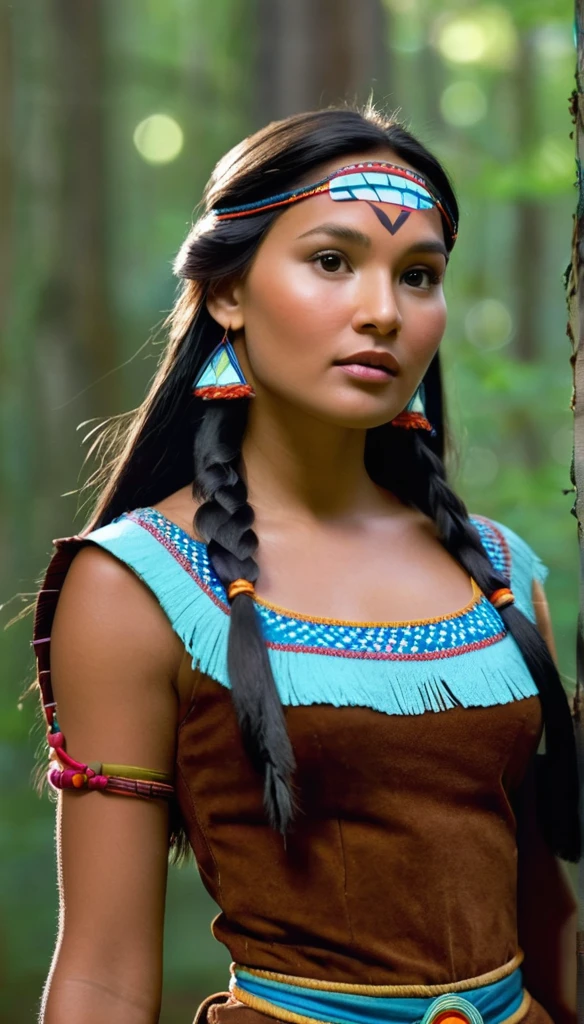 (Best quality,High resolution, tmasterpiece :1.5),Ultra-detailed,(Realstic,photoreallistic,photo-realistic:1.5).Portrait femme 20ans, type America, indien d'America, portrait, brune, cheveux lisses et brillants, tenue indienne d'America exemple tenue comanche, lumière provenant du haut, Ajoutez un réalisme époustouflant à la lumière, exemple de style Pocahontas film Disney, gros plan, corps entier, portrait. Elle est heureuse, regarde la camera, light from behind.gros plan. Magnifique portrait. La pose in a forest d'America,or in the desert of the Grand Canyon,Disney,Realstic au maximum, Corps parfait et bien proportionné, film "Pocahontas", Tete de Pocahontas,. cheveux longs et lisses. Elle rit, sourit, fille qui rit, tenu du film Pocahontas. sun light. realistic light. Son visage est vivant et elle sourit. Elle rit. visage rieur. Vue du buste à la tête, corps entier. Hypnotique, background : A young American in the forest sauvage. Plan at scale, corps entier, image corps entier. contexte: il pleut, Pocahontas is mouillée, elle lève la tête et chante au ciel.(Rain Scene, Pocahontas mouille:1.paresseux :1.Ocahontas sourit. Tête habillée au ciel. Mains jointes sur le buste, pose Dynamic
