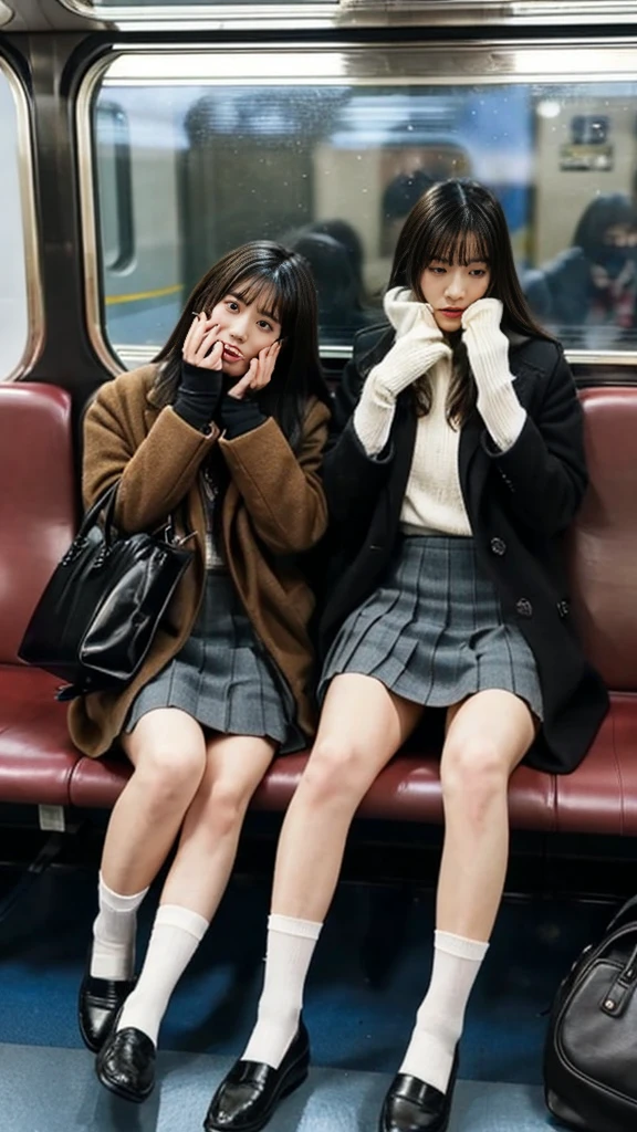 A photo of two adult Japanese high school students wearing leather shoes, duffle coats, and shiny thin black leather gloves.,Inside the train,Voyeur,Thick makeup face,Highly detailed face, Both of them have beautiful legs crossed,The person is making a disgusted face at the photographer..Smelly socks, ,Ultra mini skirt,lol,School Bags,This photo was taken in daylight with soft lighting...、The girls are sitting on train seats.。. This photo was taken by someone on their cell phone...、Apparently it was posted on Snapchat..。.