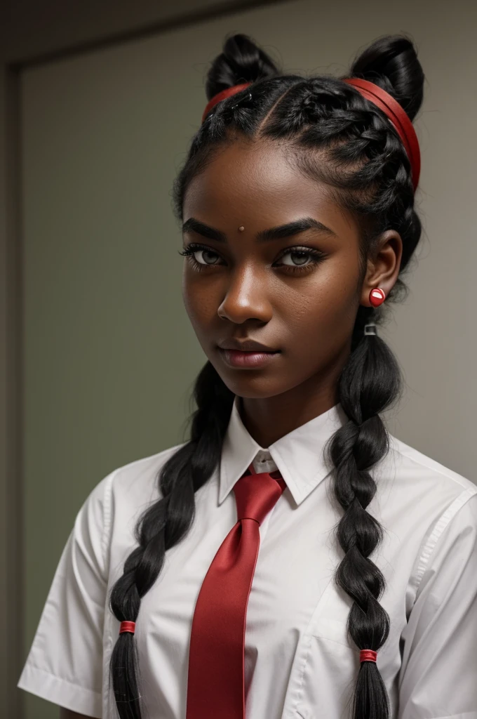 Young woman with semi-dark skin, straight black hair, long, small braids with red bands behind the ears.
Deep dark eyes, long eyelashes and thick eyebrows.
Wear a white button-down shirt, red tie and gray vest with green details in amine drawing
