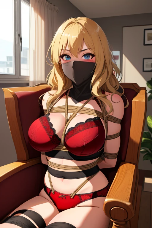 1 girl, detailed blue eyes, longeyelashes, detailed beautiful face, 4k quality, a Bit curly hair, (Long blonde hair:1.4), (arms behind back:1.3), Red rope, blushing, (Big breasts:1.6), (Red sexy underwear, red underwear, 18 jears old:1.6), OTN, gag, gagged, shibari, bondage, close ups, (sitting in a large upholstered armchair in a modern apartment:1.5), big window with a beach in the background, raised eyebrows, full breasts, Front View of girl, (upper Body shibari:1.3)