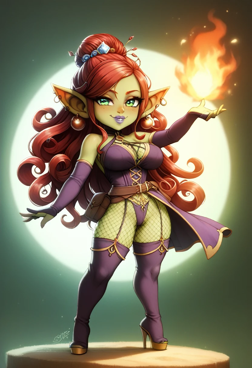 Girl, goblin girl, goblin, green skin, short, short stature,long hair, red hair, curly hair, large breasts, long gloves, thigh boots, pouty lips, masterpiece, best quality, sexy, dynamic pose, 8k, shortstack, sfw, shiny, fantasy, dungeons and dragons, high heels,  fishnets, holding, dark green skin, adventurer, sexy pose, sorcerer, sorceress, pyromancer, fire, magic, long sexy colorful dress, thigh pouch, very curly hair, lots of belts, updo hairstyle, lipstick, rosy cheeks, smile, eyeshadow, eye liner 