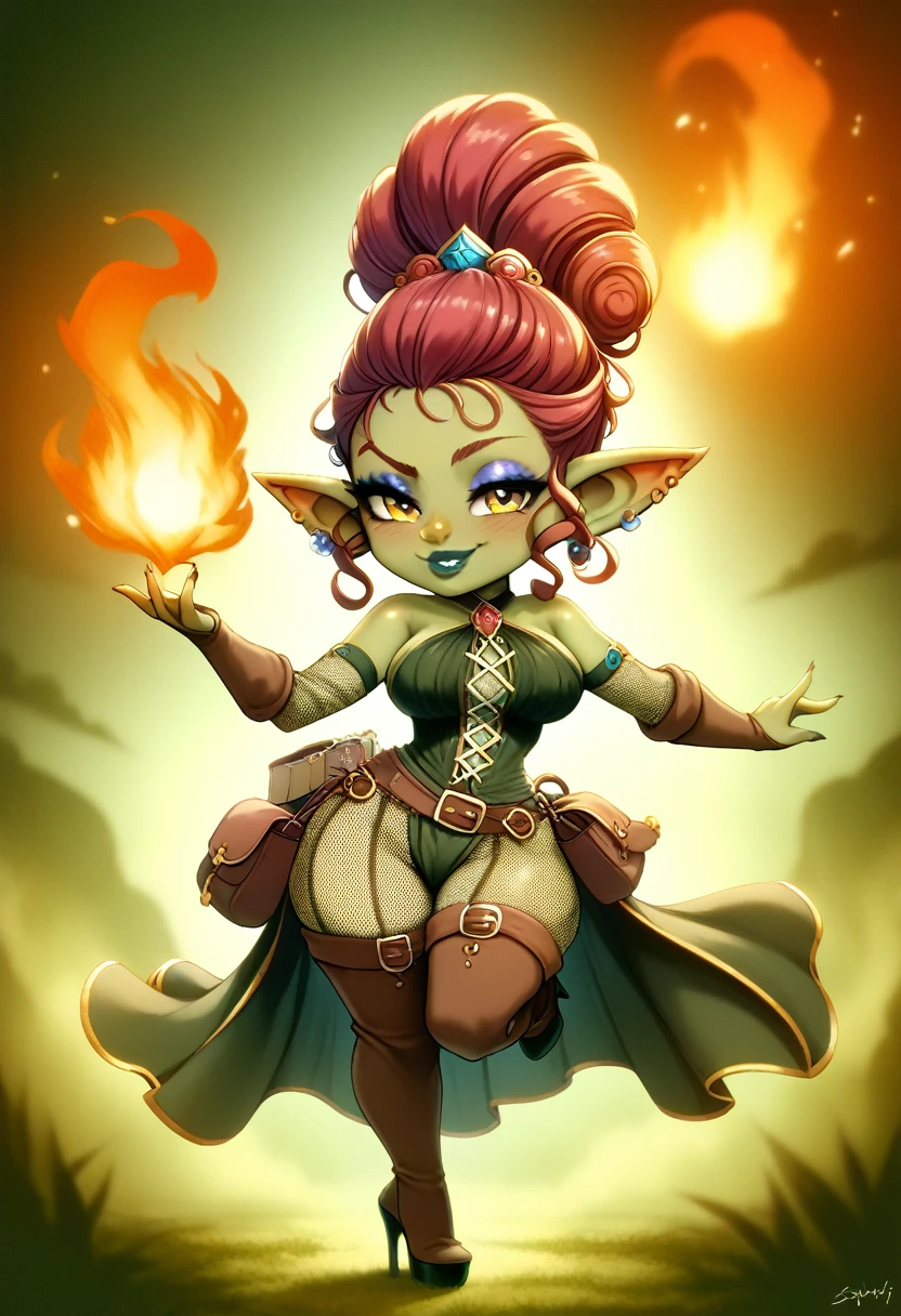 Girl, goblin girl, goblin, green skin, short, short stature,long hair, red hair, curly hair, large breasts, long gloves, thigh boots, pouty lips, masterpiece, best quality, sexy, dynamic pose, 8k, shortstack, sfw, shiny, fantasy, dungeons and dragons, high heels,  fishnets, holding, dark green skin, adventurer, sexy pose, sorcerer, sorceress, pyromancer, fire, magic, long sexy colorful dress, thigh pouch, very curly hair, lots of belts, updo hairstyle, lipstick, rosy cheeks, smile, eyeshadow, eye liner 