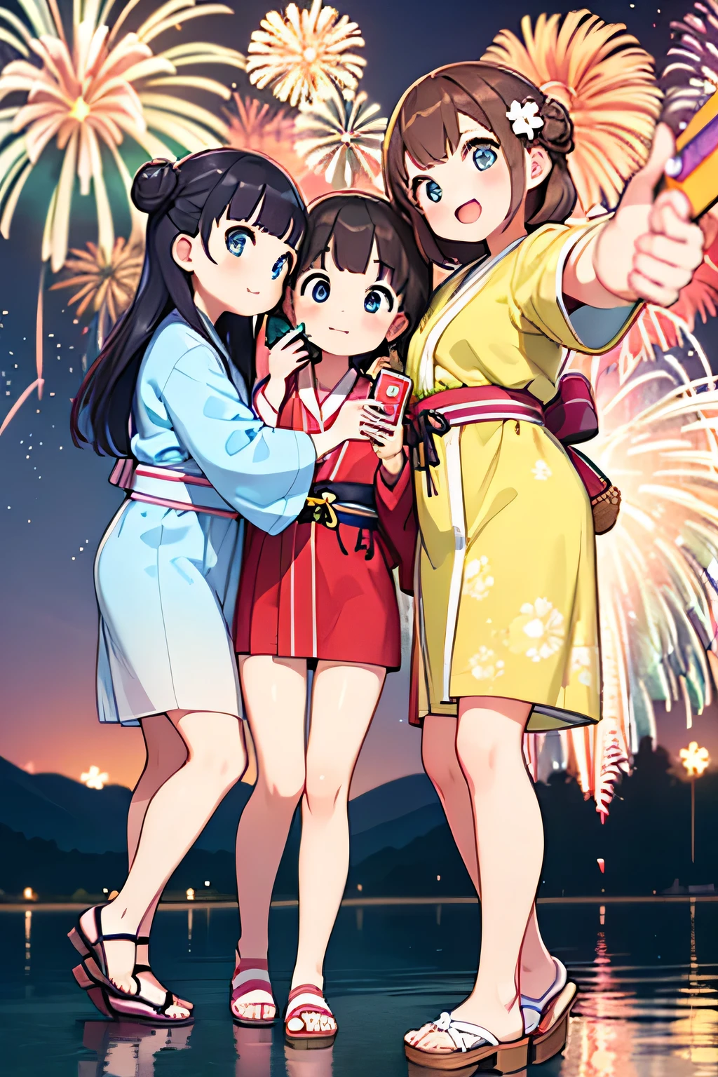 Highest quality、High resolution、Detailed Background、(Beautiful face in every detail:1.4)、Anatomically correct、(Detailed facial expressions)、Teenage beauty、(Highly detailed face:1.2)、well-groomed eyebrows、cute eye makeup、Cute Lip Makeup、A big smile、smile、cute gesture、Lake Biwa、Fireworks display、A fun atmosphere、

(Three beautiful girls taking a selfie with fireworks in the background:1.5)、

We recommend the classic vertical striped yukata。Refreshing impression、Choosing a bright color for your obi will enhance the atmosphere.、Red or blue、Yellow is popular、
The lightweight design of these sandals makes them easy to walk in and makes your feet look neat.、It&#39;s also a good idea to pay attention to the use of accessories such as drawstring bags.、
The festive braided arrangement is adorable.、It&#39;s also nice to express your individuality with gorgeous decorations.、
We recommend hairstyles that are easy to move around in, such as loose buns or half-up styles.、
Lake Biwa Fireworks display、Fireworks will be launched over the surface of Lake Biwa.、The view of the fireworks reflected on the lake surface is spectacular and makes this a popular viewing spot.、cute